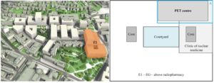 Location of building E1 within the hospital (left), and location of the PET centre in the ground floor plan of the building E1 (right). The blue box around the PET centre, labelled with the letter «A», marks the area of interest for the analysis. Left image courtesy of the University Hospital of Zurich.