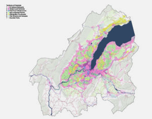 Territories of urban potentials for the Geneva region in 2050. The plan outlines the future land use strategy for a polycentric, equitable and ecological region. The project methodology serves as a precedent for the FCL Global research. Source: Team Grand Genève et son sol, M. Topalović, F. Hertweck, K. Kostka, N. Katsikis, 2020.
