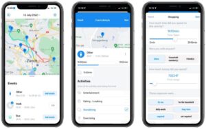 Screenshots from the app used for the TimeUse+ diary study. Passive GPS tracks are presented to participants as Events (left). Events are annotated with activity-level information (middle). Depending on the activity, participants report additional attributes like activity duration, whether anyone else is with them, and whether they are spending any money on a given activity (right). © IVT, ETH Zürich