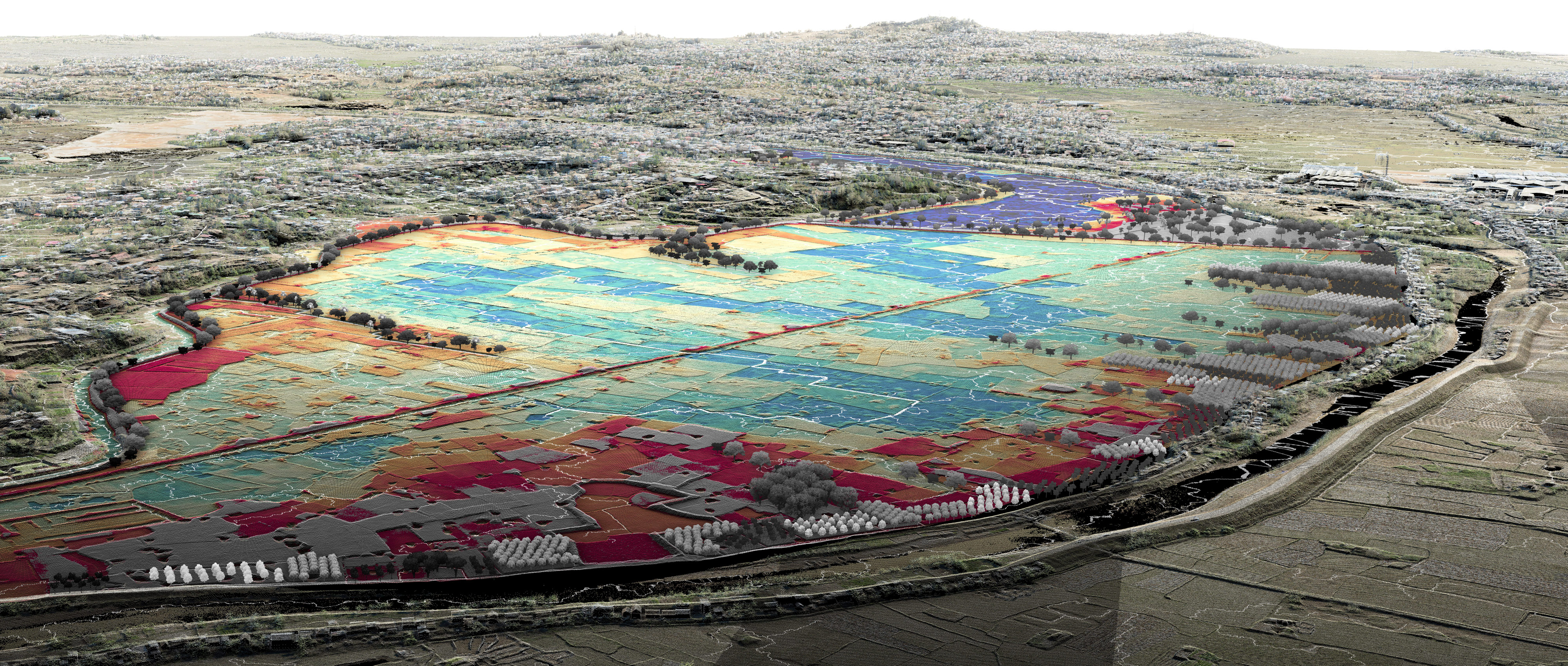 This aerial perspective illustrates a three-dimensional model of 6 km x 6 km composed of several million measurement points with centimetre accuracy representing a green and blue infrastructure restoration project in the peri-urban area of Antananarivo, Madagascar. ETH Zurich students developed solutions by modifying a LiDAR survey in a highly targeted way and by integrating hydrology through a water flow simulation (flow represented by white lines, and elevation represented from 1248 m in blue to 1250 m AMSL in red). Design: Laura Klinnert and Audrey Wurges. © ETH Zurich