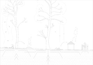 Sectional drawing through a chestnut orchard in November showing not only tree and grass layer of the system, but also moments such as leaf raking and burning as well as fruit harvesting and drying © Chair of Being Alive, ETH Zürich, 2023