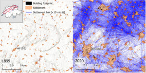 Example of the settlement network evolution between 1899 and 2020. This depiction shows the same area in the north-east of the study area, between Winterthur (ZH) and St. Gallen (SG), at two different time steps. The settlement links represent pairs of settlements that are reachable within 10 min of travel time (tt). The size of the settlements has changed over time, as they have sprawled and merged with one another. Hill-shade map source: ESRI, CGIAR, and USGS