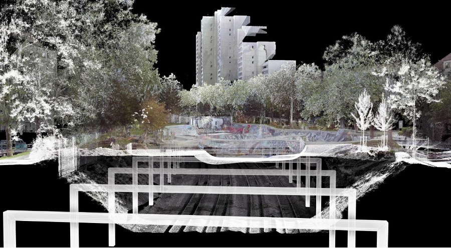 A skate park is modeled as a spatial collage over the Seebahngraben at the foot of the Lochergut to enable a new community use for the Aussersihl neighborhood.