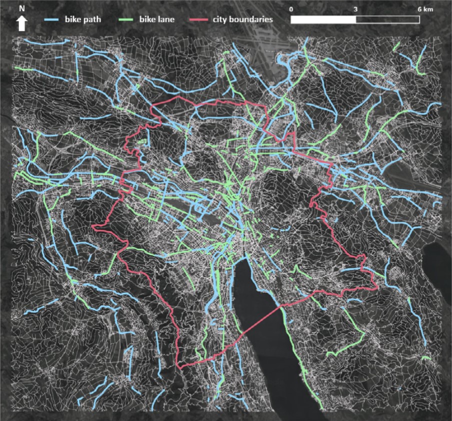 map of the greater Zurich area showing cycling networks