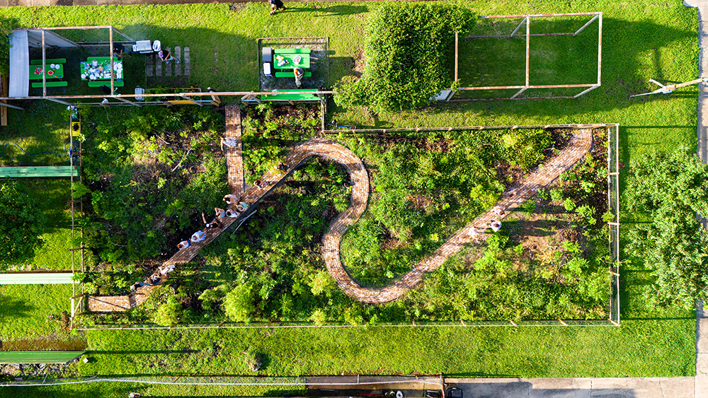 Aerial view of a winded garden path, people walking on it, surrounded by plants of different greens.